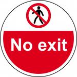 This image features a round, anti-slip floor graphic with the words No Exit in bold black letters on a light blue background. The graphic is laminated for durability and measures 400mm in diameter. It is designed for use in industrial settings and is part of Spectrum Industrials range of floor graphics.