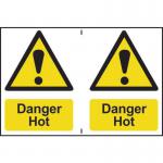 This industrial danger sign features bold text in black and yellow against a white background. The words Danger Hot are prominent, warning of potential heat-related hazards. The material is 1.2mm recyclable PP, and the sign measures 300 x 200mm. A generic image of the sign shows it mounted on a wall or other surface.