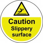 The Spectrum Industrial Floor Graphics Caution Slippery Surface Floor Graphic is a circular, laminated sign measuring 400mm in diameter. It features a warning symbol and text indicating a slippery surface, providing essential safety information for anyone passing by.