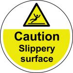 Caution Slippery Surface Floor Graphic adheres to most smooth; clean flat surfaces and provides a durable long lasting safety message. 400mm diameter. 13040