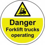 The image displays a colorful Spectrum Industrial Floor Graphic depicting Danger Forklift Trucks. The graphic is anti-slip and laminated, featuring a diameter of 400mm.