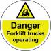 The image displays a colorful Spectrum Industrial Floor Graphic depicting Danger Forklift Trucks. The graphic is anti-slip and laminated, featuring a diameter of 400mm.