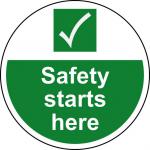 Safety Starts Here Floor Graphic adheres to most smooth; clean flat surfaces and provides a durable long lasting safety message. 400mm diameter. 13042