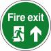 The image shows a round floor graphic featuring a man running up a staircase surrounded by a bold arrow pointing upwards. The graphic is anti-slip and laminated, ensuring safety in industrial fire and safety situations.