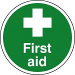 First Aid Floor Graphic adheres to most smooth; clean flat surfaces and provides a durable long lasting safety message. 400mm diameter.