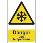 This image shows a Spectrum Industrial danger sign with the words Danger Low Temperature in bold letters. The sign is made of 1.2mm recyclable PP material and measures 200 x 300mm. The background is bright yellow and the font is in black, making it highly visible and attention-grabbing. The sign serves as a warning to workers and others to be cautious of low temperatures in the area.