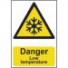 This image shows a Spectrum Industrial danger sign with the words Danger Low Temperature in bold letters. The sign is made of 1.2mm recyclable PP material and measures 200 x 300mm. The background is bright yellow and the font is in black, making it highly visible and attention-grabbing. The sign serves as a warning to workers and others to be cautious of low temperatures in the area.