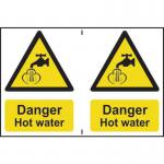 This photo captures a bright yellow rectangular sign with bold black lettering reading Danger Hot Water on a white background. The material is 1.2mm thick recyclable PP and measures 300 x 200mm. The Spectrum Industrial logo can be seen in the bottom right corner.