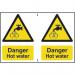 This photo captures a bright yellow rectangular sign with bold black lettering reading Danger Hot Water on a white background. The material is 1.2mm thick recyclable PP and measures 300 x 200mm. The Spectrum Industrial logo can be seen in the bottom right corner.