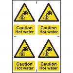 The photograph captures a set of Spectrum Industrial caution signs that read Caution Hot Water in bold black lettering. Made of 1.2mm recyclable PP, each sign measures 200 x 300mm. The bright yellow background with black symbols ensures high visibility and serves as a clear warning for potential safety hazards in industrial settings.