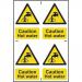 The photograph captures a set of Spectrum Industrial caution signs that read Caution Hot Water in bold black lettering. Made of 1.2mm recyclable PP, each sign measures 200 x 300mm. The bright yellow background with black symbols ensures high visibility and serves as a clear warning for potential safety hazards in industrial settings.