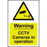 This image shows a set of Spectrum Industrial CCTV Signs, featuring bold lettering and a striking yellow and black color scheme. The signs are made of 1.2mm recyclable PP material and are sized at 200 x 300mm. They clearly warn of CCTV cameras in operation and are perfect for industrial settings.