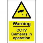 Self adhesive semi-rigid PVC Warning CCTV cameras In Operation Sign (200 x 300mm). Easy to fix; peel off the backing and apply to a clean/dry surface.