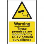 This picture shows a Spectrum Industrial CCTV sign, measuring 200 x 300mm and made of 1.2mm recyclable PP, stating Warning: These premises are monitored by CCTV camera surveillance. The sign serves as a clear and visible indication of surveillance on the premises.