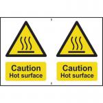 The photo shows a yellow and black caution sign from Spectrum Industrial. The sign reads Caution Hot Surface and is made of 1.2mm recyclable PP material. It measures 300 x 200mm and is labeled with the number 1315.