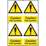 This picture features a Spectrum Industrial Caution Sign for a hot surface, made of recyclable 1.2mm polypropylene material. The sign measures 200 x 300mm and is labeled as 1316. The bright yellow background and bold black font make it highly visible and easily identifiable for cautionary purposes.