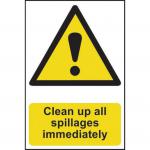 This picture shows a vibrant industrial danger sign that reads Clean up all spillages immediately. The sign is made of 1.2mm recyclable PP and measures 200 x 300mm. The bold white letters stand out against the red background, making it easy to read and catch attention. This sign serves as a clear reminder to take action and prevent any potential hazards in the workplace.