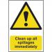 This picture shows a vibrant industrial danger sign that reads Clean up all spillages immediately. The sign is made of 1.2mm recyclable PP and measures 200 x 300mm. The bold white letters stand out against the red background, making it easy to read and catch attention. This sign serves as a clear reminder to take action and prevent any potential hazards in the workplace.