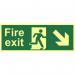 In the photograph, a bright red Spectrum Industrial Fire Safety Sign is shown, with the words Fire Exit and a mans arrow pointing down to the right. The sign is 400mm x 150mm in size and made of 1.3mm thick rigid material, with a self-adhesive backing. The sign also features photoluminescent properties, making it visible even in the dark.