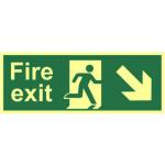 Fire Exit Sign with running man and arrow down right (400 x 150mm). Made from 1.3mm rigid photoluminescent board (PHO) and is self adhesive.