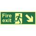 Fire Exit Sign with running man and arrow down right (400 x 150mm). Made from 1.3mm rigid photoluminescent board (PHO) and is self adhesive. 13367