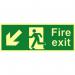 The image shows a circular fire safety sign with a man running down and to the left, indicating the direction of the fire exit. The sign is made of a sturdy material and has self-adhesive backing for easy installation. The background of the sign is photoluminescent, making it easily visible even in low light conditions. The sign measures 400mm x 150mm.