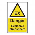 The image shows a bright yellow industrial danger sign with the words Explosive atmosphere printed in bold black letters. The sign is made of 1.2mm recyclable PP and measures 200 x 300mm. It also features a spectrum design in the background, adding a striking visual element to the warning message.