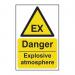 The image shows a bright yellow industrial danger sign with the words Explosive atmosphere printed in bold black letters. The sign is made of 1.2mm recyclable PP and measures 200 x 300mm. It also features a spectrum design in the background, adding a striking visual element to the warning message.