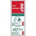 This image shows a Spectrum Industrial fire safety sign for a fire blanket made from 1.2mm recyclable PP material. The sign measures 75 x 200mm and is labeled as 1375. The sign features bold black text on a white background and a picture of a fire blanket on the left side.