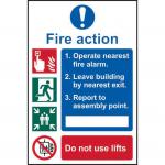The photograph shows a set of Spectrum Industrial Fire Safety Signs, featuring a Fire Action Procedure poster made of 1.2mm recyclable PP material. The sign measures 200 x 300mm and includes detailed instructions for emergency situations. All signs are easily visible and clearly labeled for quick and efficient fire safety response.