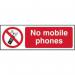 This photo features a white industrial sign with bold red text that reads No mobile phones and measures 600 x 200mm. Made of 1.2mm thick recyclable PP material, it conveys a clear message and is suitable for industrial settings.