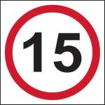 This image features a spectrum of industrial road and traffic signs, with a bold 15mph speed limit sign in the center. Made of recyclable PP material, the sign measures 400 x 400mm and has a thickness of 1.2mm. The vibrant colors make it easily noticeable on any road or street.