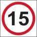 This image features a spectrum of industrial road and traffic signs, with a bold 15mph speed limit sign in the center. Made of recyclable PP material, the sign measures 400 x 400mm and has a thickness of 1.2mm. The vibrant colors make it easily noticeable on any road or street.