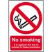 This photo shows a bright red and white industrial No Smoking Sign from Spectrum. Made from recyclable PP material, it measures 200 x 300mm and is 1.2mm thick. The bold text reads No smoking - it is against the law to smoke.