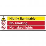 This photograph captures Spectrum Industrials danger signs, warning of high flammability and prohibiting smoking and naked lights. Made of 1.2mm recyclable PP material and measuring 600 x 200mm, these signs are vital for industrial safety.