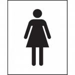 This photograph captures a set of Spectrum Industrial Washroom Signs, showcasing the female symbol on a 1.2mm Recyclable PP material. The sign measures 200 x 250mm and is labeled as product number 14312. The design features a clean and simplistic look, with the symbol standing out in a bold black color on a white background. The material appears to be of high quality and durable, making it suitable for various industrial settings.
