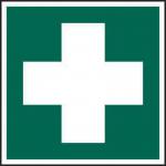 In this photograph, a vibrant Spectrum Industrial First Aid Sign is shown. The sign features the universally recognizable First Aid Symbol and is made of self-adhesive vinyl. Measuring at a compact 100mm x 100mm, this sign is perfect for any industrial setting.