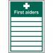 The photograph shows a first aid sign from Spectrum Industrial. The sign is made of self-adhesive vinyl and measures 200mm x 300mm. The sign features the words First Aid in bold red letters, with the words Signs First Aiders below in smaller black letters. The background is white with a red border.
