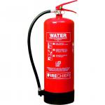 The image shows a Sentura Group Fire Extinguisher, specifically the Water Fire Extinguisher - 9 Litre Jet Water (13A) model. The extinguisher is red with a white label and has a cylindrical shape. The nozzle is pointed and has a handle for easy use. The capacity is 9 litres and the fire rating is 13A. There is a pressure gauge on the top of the extinguisher.