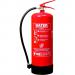 The image shows a Sentura Group Fire Extinguisher, specifically the Water Fire Extinguisher - 9 Litre Jet Water (13A) model. The extinguisher is red with a white label and has a cylindrical shape. The nozzle is pointed and has a handle for easy use. The capacity is 9 litres and the fire rating is 13A. There is a pressure gauge on the top of the extinguisher.