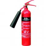 The photo is of the Sentura Group Fire Extinguishers CO2 Fire Extinguisher, weighing 2kg. It has a 34B rating and is labeled as a DGN model with the code 14357. The fire extinguisher is red with a black handle and nozzle, displayed on a white background. The label on the front includes important safety information and a diagram showing proper use.