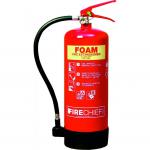 In the image, a red Sentura Group Fire Extinguisher is shown with a foam-filled 6L tank. The label on the front indicates a fire rating of 21A 144B. The extinguisher has a pressure gauge, pull pin, and nozzle, with clear instructions for use.