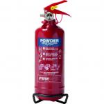 The photograph features a compact red fire extinguisher with the label Sentura Group Fire Extinguishers and ABC Powder Fire Extinguisher - 600g in bold lettering. The label also states the fire extinguishers capability of 5A 21B C and bears the DGN certification.