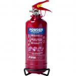 The picture features a red Sentura Group Fire Extinguisher with an 800g ABC powder capacity. The label indicates it can extinguish Class A fires with a rating of 5A, Class B fires with a rating of 34B, and Class C fires. The model number is DGN 14365.