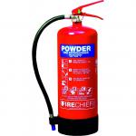 The picture shows a red fire extinguisher with the label Sentura Group Fire Extinguishers and Powder Fire Extinguisher - 9kg ABC Powder (55A 233B) 14369. The extinguisher is standing upright with a black hose coming out and a safety pin attached to the handle. The label includes instructions and warnings.