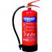The picture shows a red fire extinguisher with the label Sentura Group Fire Extinguishers and Powder Fire Extinguisher - 9kg ABC Powder (55A 233B) 14369. The extinguisher is standing upright with a black hose coming out and a safety pin attached to the handle. The label includes instructions and warnings.