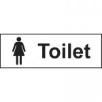 This picture features a Spectrum Industrial Washroom Signs Toilet Ladies Sign. Made of self-adhesive vinyl, it measures 300mm by 100mm and includes the recognizable symbol for womens restrooms. The sign is simple yet effective for directing visitors to the correct facilities.