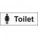 This picture features a Spectrum Industrial Washroom Signs Toilet Ladies Sign. Made of self-adhesive vinyl, it measures 300mm by 100mm and includes the recognizable symbol for womens restrooms. The sign is simple yet effective for directing visitors to the correct facilities.