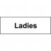 In the photograph, there are several compact and modern-looking industrial washroom signs. Each one measures 300 x 100mm and is made of 1.2mm recyclable PP. The signs are specifically for indicating the ladies washroom, and they have a bold and clear Ladies label in white against a dark grey background. The signs feature the iconic female figure symbol, also in white, on the right side. The overall aesthetic is sleek and professional, perfect for any industrial setting.