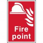 The image shows a fire point sign from Spectrum Industrial, made of a 1.2mm thick recyclable PP material. It measures 200 by 300mm and features clear, bold text on a white background. The sign is designed for promoting fire safety in industrial settings.